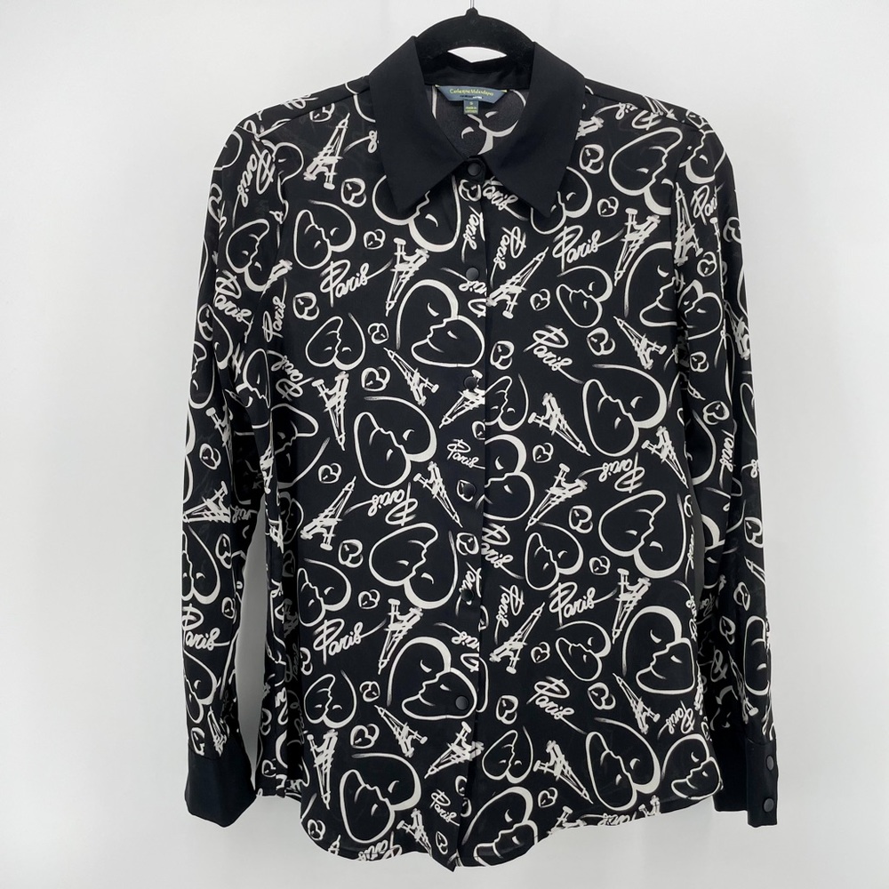 Catherine Malandrino Womens Button Up Shirt Black White Paris Collar S